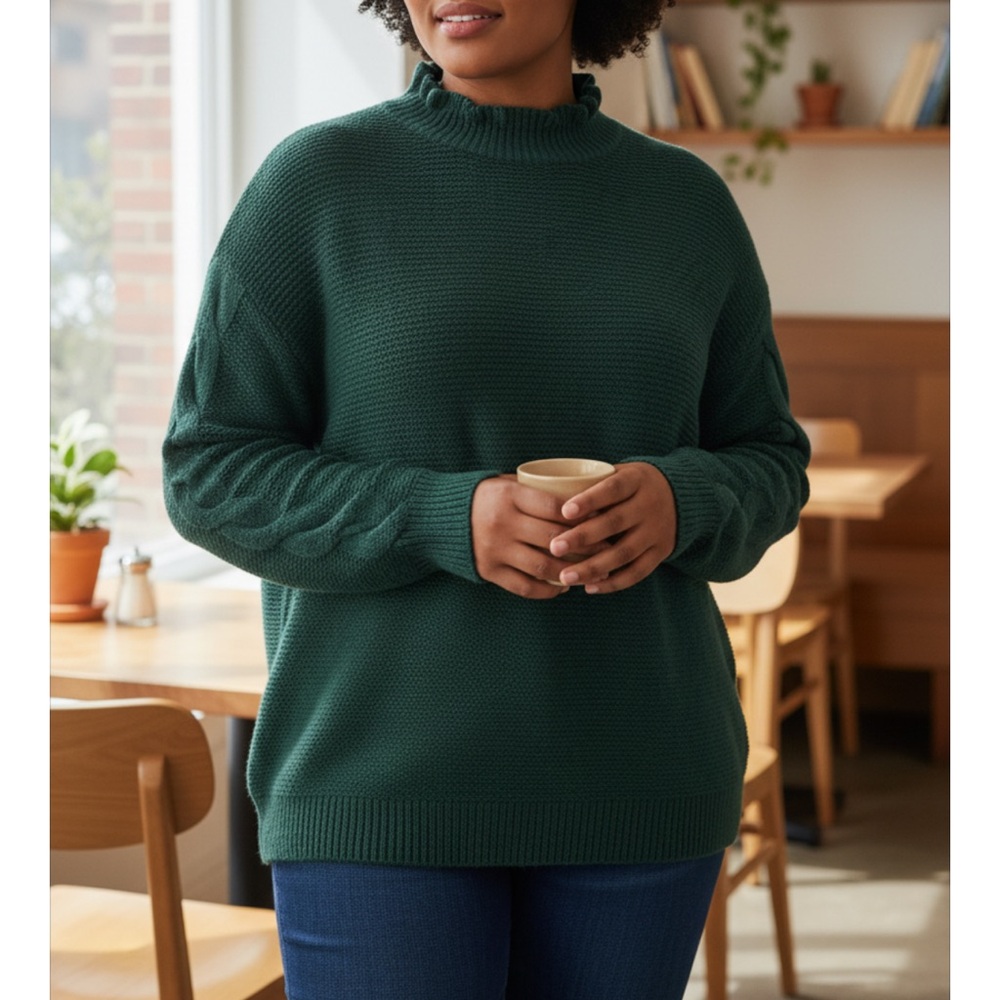 J. Crew Mockneck Cable-sleeve Sweater 2X Green